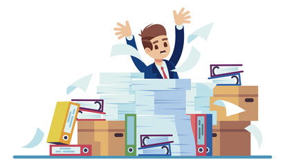 Overload work. Exhausted man in paper documents pile