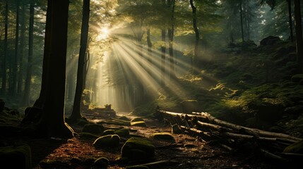 Poster - Sun beams streaming forest canopy gaps moss covered logs.