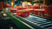 Christmas Gift Boxes On Conveyor Rollers Ready To Be Shipped