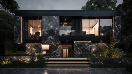 Black home exterior and  interior, luxury marble house display with light lamp garden night Concept for real estate or property