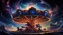  A Painting Of A Carousel With Horses On A Night Sky Background.  Generative Ai