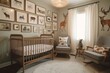Infant's nursery with crib, chair, animal pictures on wall, and adjacent chair. Generative AI