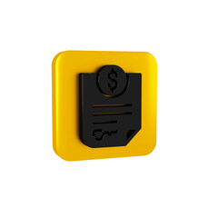 Poster - Black Contract money icon isolated on transparent background. Banking document dollar file finance money page. Yellow square button.