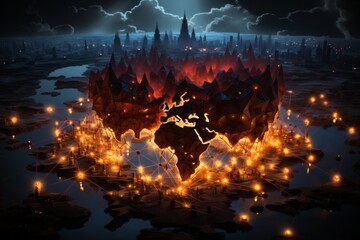Leinwandbilder - A unique image of lychees emitting sparks of fire that gradually ignite regions on a world map, presenting an intriguing and thought-provoking visual concept.