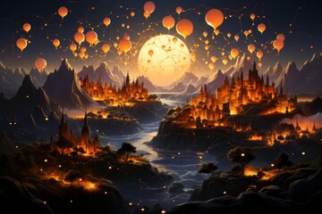 Poster - An imaginative image featuring a world map with the continents replaced by giant lychees engulfed in flames, symbolizing the global impact of a fictional lychee fire epidemic.