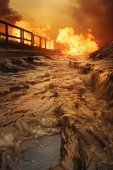Poster - An impactful photograph depicting the release of toxic, metallic waste directly into a water body from industrial pipelines,
