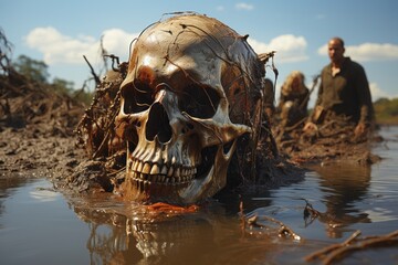Poster - An impactful photograph depicting the release of toxic, metallic waste directly into a water body from industrial pipelines, underscoring the negligence and devastating consequences 