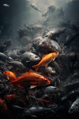 Aufkleber - An emotive image showing fish struggling to survive in water contaminated with metallurgical waste, providing a stark representation of the impact on aquatic life.