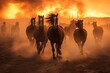 A dramatic photograph displaying a group of wild horses galloping through the scorched landscape, their manes billowing in the wind as they escape the encroaching flames.