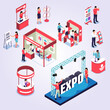vector isometric expo flowchart composition with isolated set of exhibit booths stands people and stage for performance