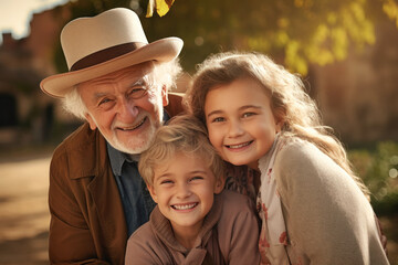 Wall Mural - Meeting of grandfather and grandchildren. An elderly man and his grandchildren are happy together. They hug and rejoice at meeting each other. Caring for the elderly. Children visit old people.