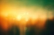 Blurred warm backdrop with vibrant sunlight and bokeh effect. Green energy in the sky, orange light patterns, and hazy evening clouds create an abstract, flaring plain. Generative AI