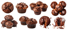 Chocolate Muffin Muffins On Transparent Background Cutout, PNG File. Many Assorted Different Design Angles. Mockup Template For Artwork
