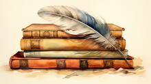 Watercolor Illustration Of A Stack Of Old Books And Feathers
