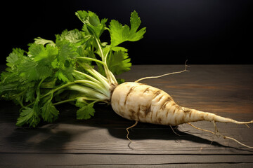 Wall Mural - Fresh parsley root on the wooden table close up