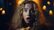 The frightened face of a woman watching a horror movie. Holding popcorn