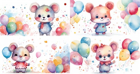 Wall Mural - watercolor style cartoon illustration, teddy bear with balloon bouquet floating, on white background, collection set, Generative Ai