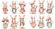 watercolor cartoon style illustration of cute bunny rabbit walking in flower garden, collection set, Generative Ai