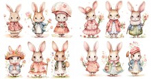 Watercolor Cartoon Style Illustration Of Cute Bunny Rabbit Walking In Flower Garden, Collection Set, Generative Ai