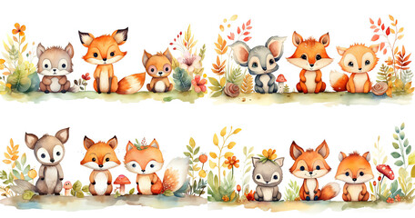 Sticker - watercolor style cartoon illustration of red fox family in autumn field , isolated on white background, collection set, Generative Ai	
