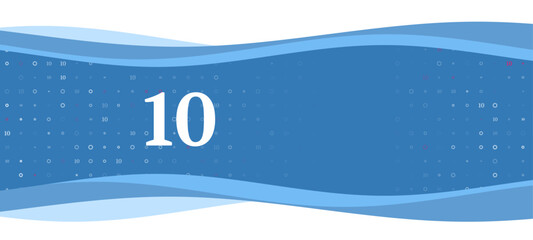 Poster - Blue wavy banner with a white number ten symbol on the left. On the background there are small white shapes, some are highlighted in red. There is an empty space for text on the right side