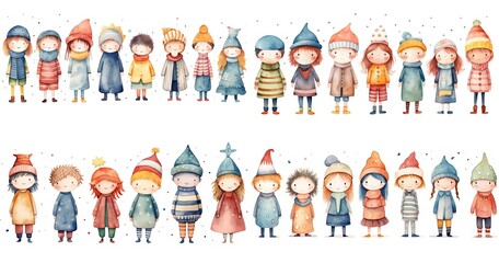 Wall Mural - watercolor cartoon illustration of girls and boys wearing vintage fantasy outfit, isolated on white background, collection set,  Generative Ai