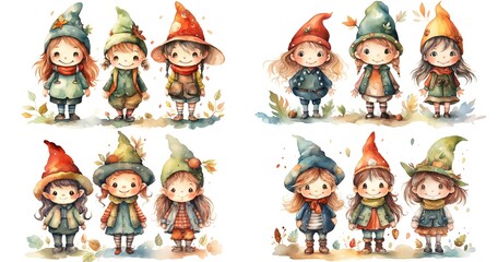 Wall Mural - watercolor cartoon illustration of girls and boys wearing vintage fantasy outfit, isolated on white background, collection set,  Generative Ai