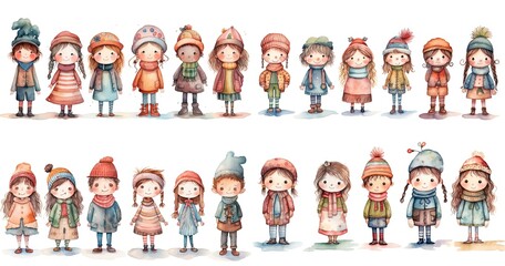 Wall Mural - watercolor cartoon illustration of girls and boys wearing vintage fantasy outfit, isolated on white background, collection set,  Generative Ai