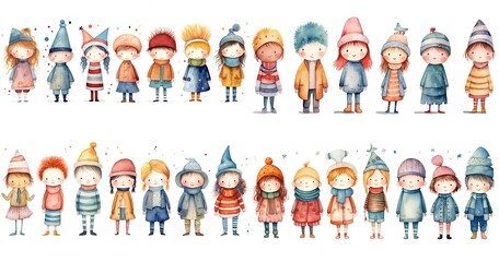 Wall Mural - watercolor cartoon illustration of girls and boys wearing vintage fantasy outfit, isolated on white background, collection set,  Generative Ai