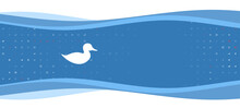 Blue Wavy Banner With A White Duck Symbol On The Left. On The Background There Are Small White Shapes, Some Are Highlighted In Red. There Is An Empty Space For Text On The Right Side
