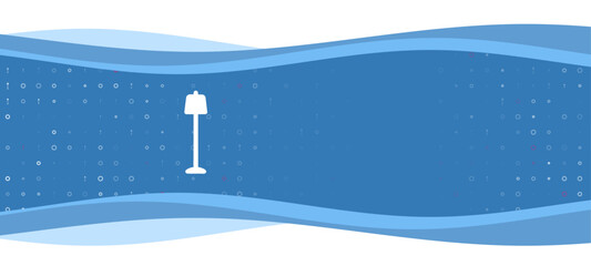 Poster - Blue wavy banner with a white floor lamp symbol on the left. On the background there are small white shapes, some are highlighted in red. There is an empty space for text on the right side