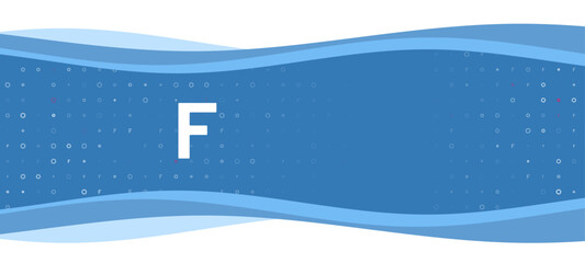 Poster - Blue wavy banner with a white capital letter F symbol on the left. On the background there are small white shapes, some are highlighted in red. There is an empty space for text on the right side