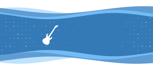 Poster - Blue wavy banner with a white guitar symbol on the left. On the background there are small white shapes, some are highlighted in red. There is an empty space for text on the right side