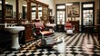 a classic barber shop with leather barber chairs, retro grooming tools, and black-and-white checkered flooring.