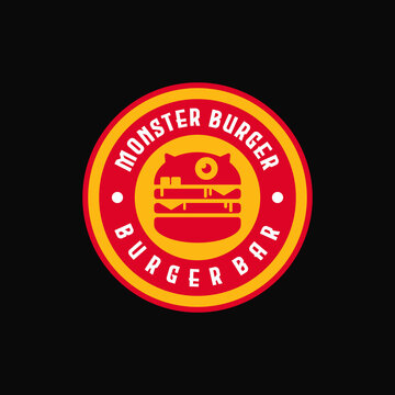 vintage retro classic monster and ham beef cheese patty burger with stamp label emblem badge sticker rounded circle protection suitable for burger bar fast food restaurant cafe bistro logo design