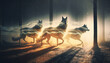 Mysterious spirit wolves from the astral dimension manifesting in their energy form, in the misty forest. Mystical animals in glowing golden light.