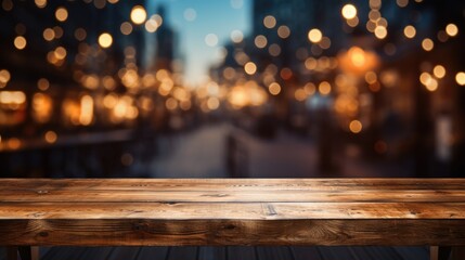 Empty wood table with bokeh light background.