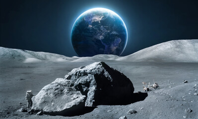 Poster - Moon and Earth. Astroanuts on Moon surface in deep black space. Moonwalk. Earth at night. Elements of this image furnished by NASA