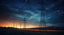 Electricity Transmission Towers With Orange Glowing Wires The Starry Night Sky. Energy Infrastructure Concept, Energy, Electricity, Voltage, Supply, Pylon, Technology