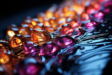 Poster - An abstract photograph of raindrops captured in motion, appearing as streaks of light against a dark background, 