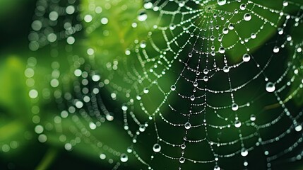 a spider web covered in water droplets on a green leaf. generative ai