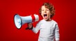 Red isolated background features a youngster making an announcement through a megaphone.
