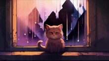 Grumpy Anime Kitty Cat Nodding In Front Of Stormy Window With Rain, Lightning, And Spooky Light.  Looping. Rainy Animated Background / Wallpaper. VJ / Vtuber / Streamer Backdrop. Seamless Loop.