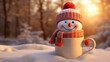 muñeco de nieve con bufanda y gorro de lana roja en el interior de una taza blanca de cafe, sobre fondo de bosque nevado con sol de atardecer