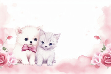  St. Valentine's Day card background frame, Watercolor illustration with white part, clipart for greeting cards, save the date, stationery design 