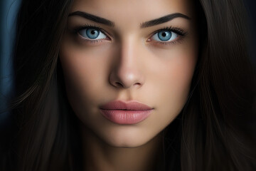 Canvas Print - Woman with blue eyes and long hair is looking at the camera.