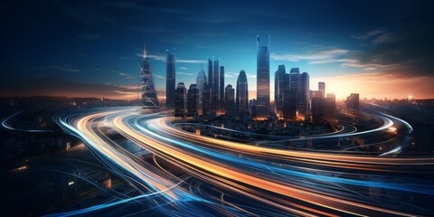 Aufkleber - The Digital Tapestry: Glowing Blue Lines Surround a Modern Skyscraper in New York, Symbolizing the Confluence of IoT, Networks, Smart Cities, and Connectivity