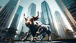 Photo capturing a commanding bull statue in the central area of a bustling financial district. Modern skyscrapers rise in the backdrop
