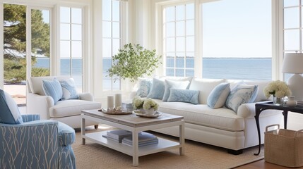 Canvas Print -  a living room filled with furniture and a large window overlooking the ocean.  generative ai