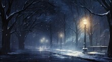  A Painting Of A Snowy Night In A Park With A Lamp Post.  Generative Ai